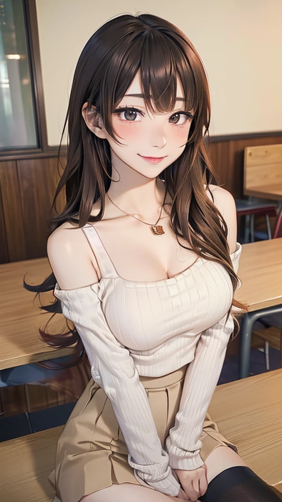 (Tabletop, Highest quality, High resolution, , Pixel perfect, 4K,), 1 Girl, single, alone, Beautiful woman、I could see the whole body、 ((Wavy mid-length hair, bangs, Brown Hair)), ((Brown eyes, Beautiful eyelashes, Realistic eyes)), ((Detailed face, blush:1.2)), ((Smooth texture:0.75, Realistic texture:0.65, Realistic:1.1, Anime CG Style)), Medium chest, Dynamic Angle, Perfect body, female teacher, Earrings、necklace、Beige off-the-shoulder sweater、Long pleated skirt、Black knee-high stockings、Pink lace panties、A shy smile, Superior、Bring your arms together to emphasize your chest、