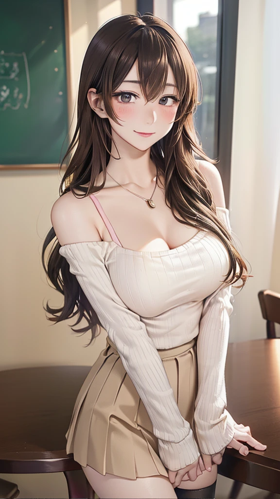 (Tabletop, Highest quality, High resolution, , Pixel perfect, 4K,), 1 Girl, single, alone, Beautiful woman、I could see the whole body、 ((Wavy mid-length hair, bangs, Brown Hair)), ((Brown eyes, Beautiful eyelashes, Realistic eyes)), ((Detailed face, blush:1.2)), ((Smooth texture:0.75, Realistic texture:0.65, Realistic:1.1, Anime CG Style)), Medium chest, Dynamic Angle, Perfect body, female teacher, Earrings、necklace、Beige off-the-shoulder sweater、Long pleated skirt、Black knee-high stockings、Pink lace panties、A shy smile, Superior、Bring your arms together to emphasize your chest、