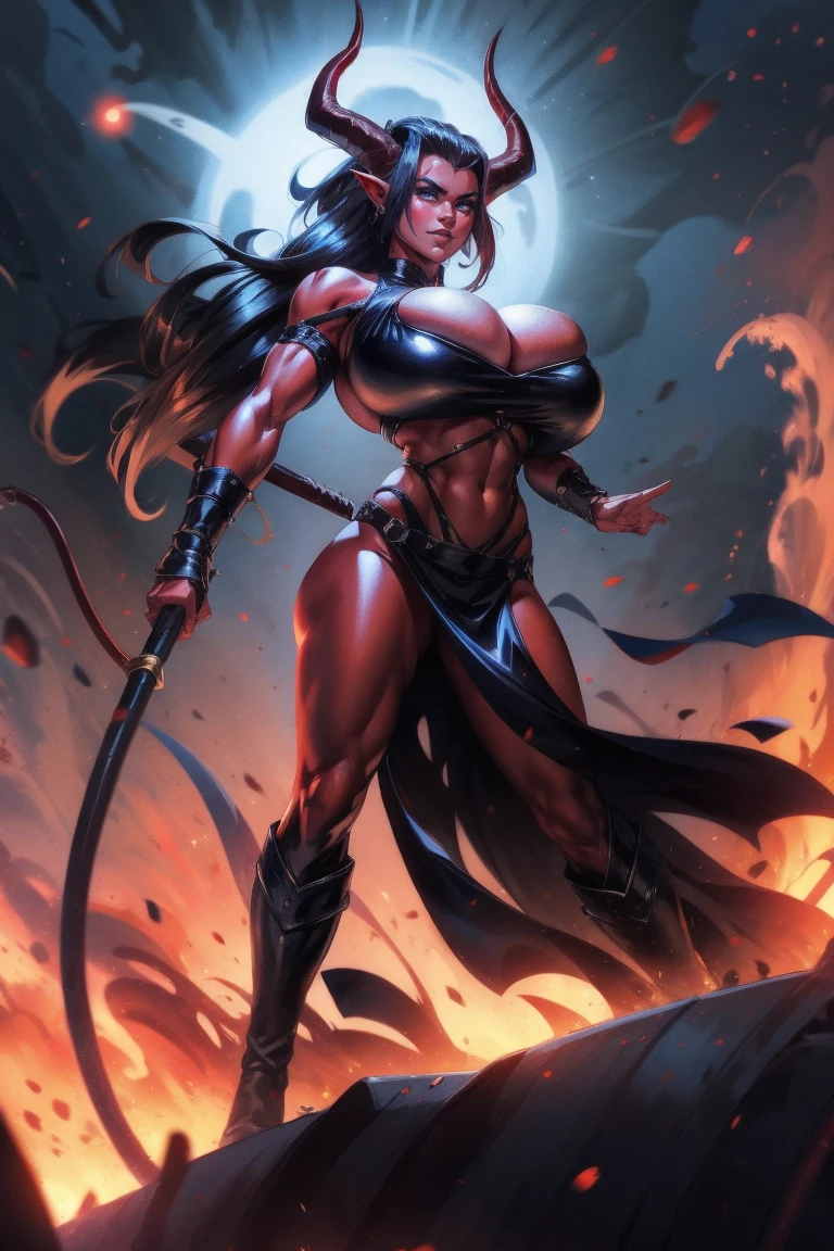 Red skin succubus tiefling, large breasts, black horns, wings, huge tail, black leather, crop top, long flowing pelvic curtain, tall, toned, graceful, thin, long black ponytail. Action scene, whip. Dark scene, explosions, night sky.