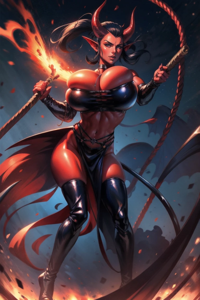 Red skin succubus tiefling, large breasts, black horns, wings, huge tail, black leather, crop top, long flowing pelvic curtain, tall, athletic, graceful, thin, long black ponytail. Action scene, whip. Dark scene, explosions, night sky.