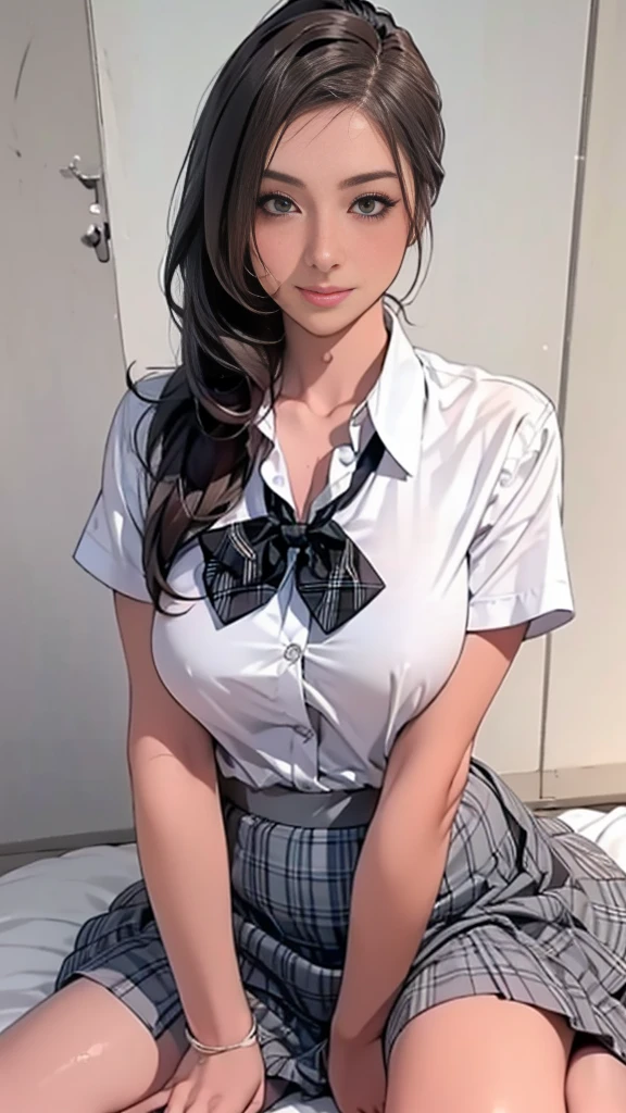 (masterpiece:1.2, Highest quality), (Realistic, photoRealistic:1.4), Beautiful illustrations, 
View your viewers, whole body, Front view:0.6, 
1 Girl, Japanese, high School girl, (Long Hair:1.5), Let your hair flutter, (Side Ponytail), Hair on one eye, Large Breasts:0.8, 
Beautiful Hair, Beautiful Face, Beautiful attention to detail, Beautiful clavicle, Beautiful body, Beautiful breasts, Beautiful thighs, Beautiful feet, Beautiful fingers, 
(Beautiful views), School,
((Collared short-sleeved shirt, White shirt, , Grey plaid pleated skirt, Blue checked bow tie)), White panties, 
(squat, , Lift up your skirt, Grab the hem of the skirt, Place your hand on your chest, Hands between legs, ,