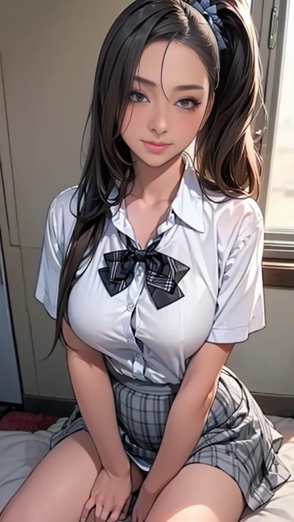 (masterpiece:1.2, Highest quality), (Realistic, photoRealistic:1.4), Beautiful illustrations, 
View your viewers, whole body, Front view:0.6, 
1 Girl, Japanese, high School girl, (Long Hair:1.5), Let your hair flutter, (Side Ponytail), Hair on one eye, Large Breasts:0.8, 
Beautiful Hair, Beautiful Face, Beautiful attention to detail, Beautiful clavicle, Beautiful body, Beautiful breasts, Beautiful thighs, Beautiful feet, Beautiful fingers, 
(Beautiful views), School,
((Collared short-sleeved shirt, White shirt, , Grey plaid pleated skirt, Blue checked bow tie)), White panties, 
(squat, , Lift up your skirt, Grab the hem of the skirt, Place your hand on your chest, Hands between legs, ,