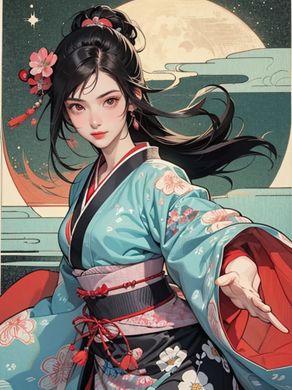 (masterpiece, Highest quality,High resolution, Official Art), (One girl), Bright and vivid color patterns in Japanese clothing、Black hair in a Japanese round topknot,Traditional Japanese patterned fabric, (Dynamic movements),(Shiny skin),  ( Ukiyo-e background,moon,flower,cloud )