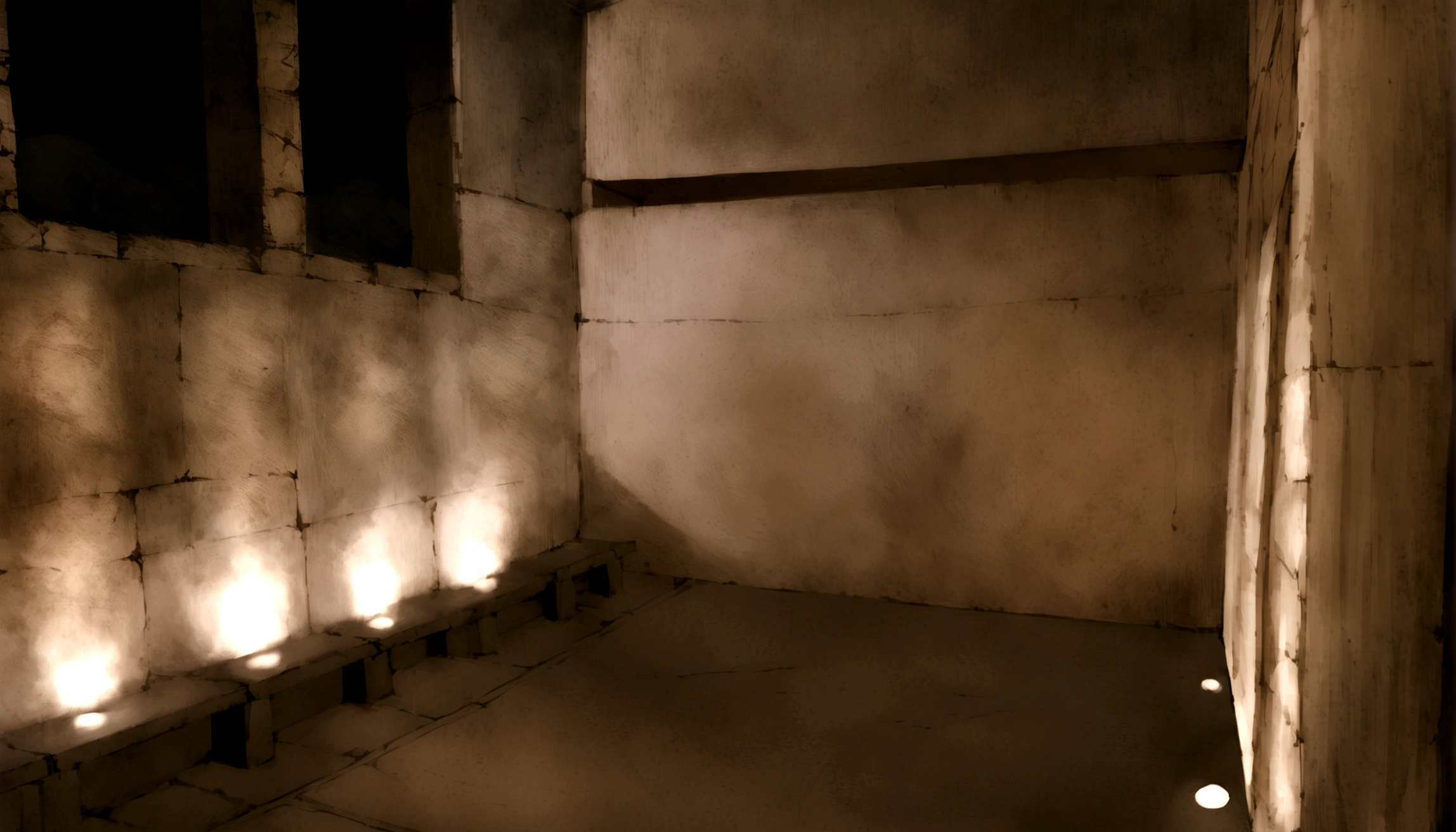 There's a light on the wall in the room, ancient persian temple dungeon, dark underground dungeon, an empty, cruel room, cell. surreal, inside the basement, 예수님의 Inside the Tomb, indoor perimeter space, Empty marginal space, Inside the Tomb, Dark concrete room, In the ancient vault
