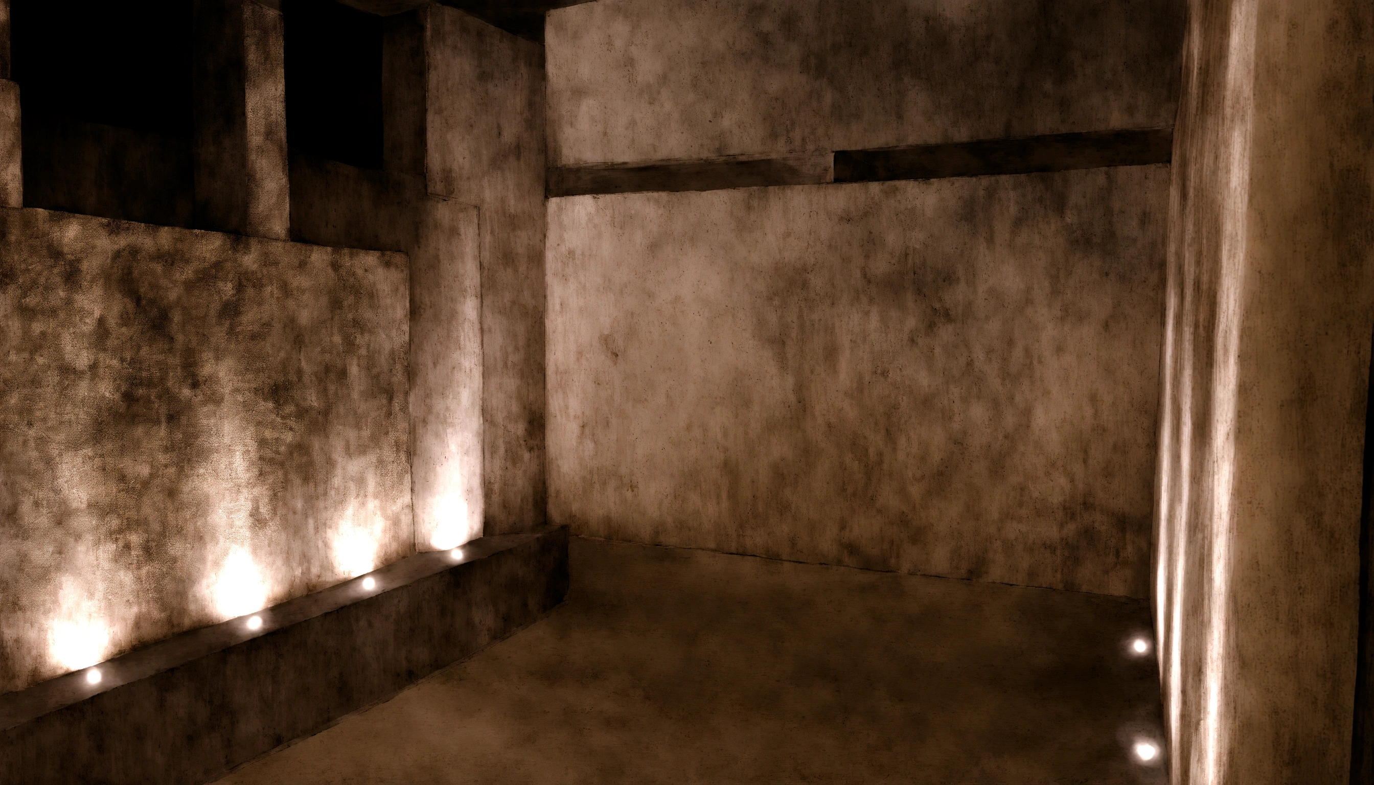 There's a light on the wall in the room, ancient persian temple dungeon, dark underground dungeon, an empty, cruel room, cell. surreal, inside the basement, 예수님의 Inside the Tomb, indoor perimeter space, Empty marginal space, Inside the Tomb, Dark concrete room, In the ancient vault