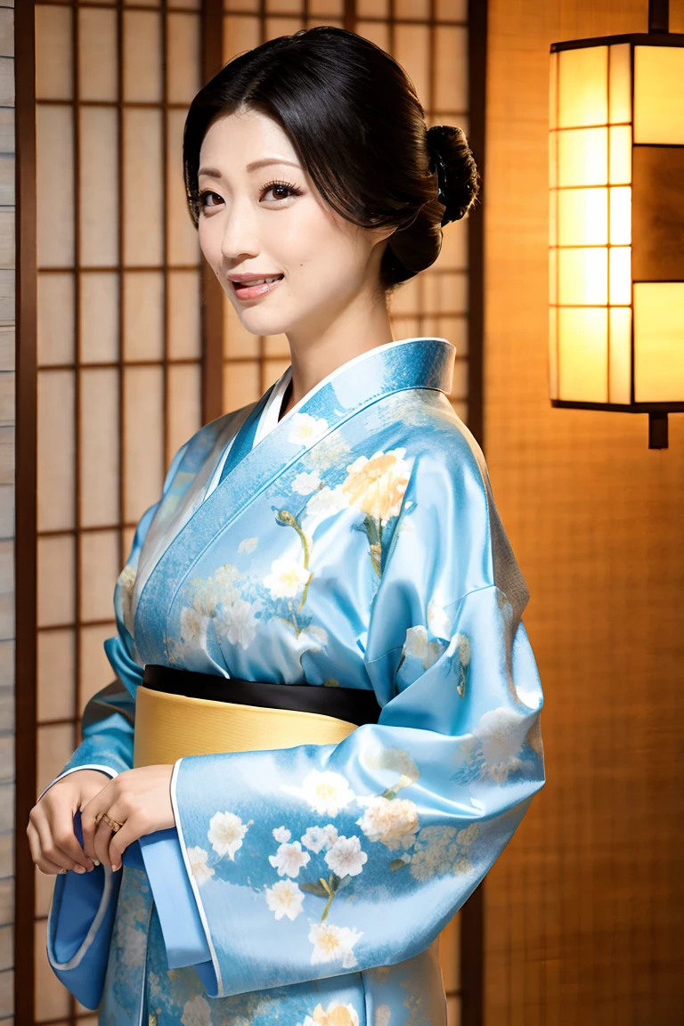 (Highest quality、Tabletop、8K、Best image quality、Award-winning works)、(One beautiful mature woman:1.1)、Adult face、(Innkeeper:1.1)、(Elegant floral kimono:1.2)、(A kimono with a perfect and precise collar:1.2)、Perfect mature woman portrait photo、Glowing Skin、Standing Elegantly、(Blurred elegant and exquisite perfect Japanese style room background:1.3)、(The most natural and perfect tidy Japanese style room background:1.2)、Glowing White Skin、Very white skin、(Accentuate your body lines:1.1)、(The most graceful posture:1.2)、(Large Breasts:1.2)、A perfect smile、Perfect beautiful glossy lips、(Accurate anatomy:1.2)、(A perfect and elegant kimono:1.1)、(Standing with good posture:1.1)、(Beautiful, high-quality, large kimono obi:1.1)