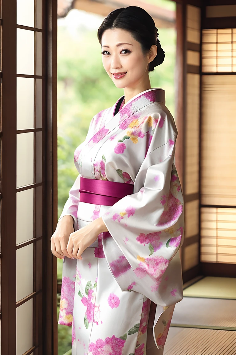 (Highest quality、Tabletop、8K、Best image quality、Award-winning works)、(One beautiful mature woman:1.1)、Adult face、(Innkeeper:1.1)、(Elegant floral kimono:1.2)、(A kimono with a perfect and precise collar:1.2)、Perfect mature woman portrait photo、Glowing Skin、Standing Elegantly、(Blurred elegant and exquisite perfect Japanese style room background:1.3)、(The most natural and perfect tidy Japanese style room background:1.2)、Glowing White Skin、Very white skin、(Accentuate your body lines:1.1)、(The most graceful posture:1.2)、(Large Breasts:1.2)、A perfect smile、Perfect beautiful glossy lips、(Accurate ???????:1.2)、(A perfect and elegant kimono:1.1)、(Standing with good posture:1.1)、(Beautiful, high-quality, large kimono obi:1.1)