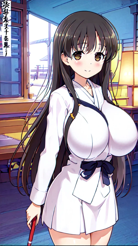 Girl in Priestess Uniform, Kasumi Iwato ,Outfit with open chest, Shoulder-exposing sleeves, Short hakama, smile, looking at viewer, (Huge Breasts:1.4), Inside Japan house, Close-up from the waist up