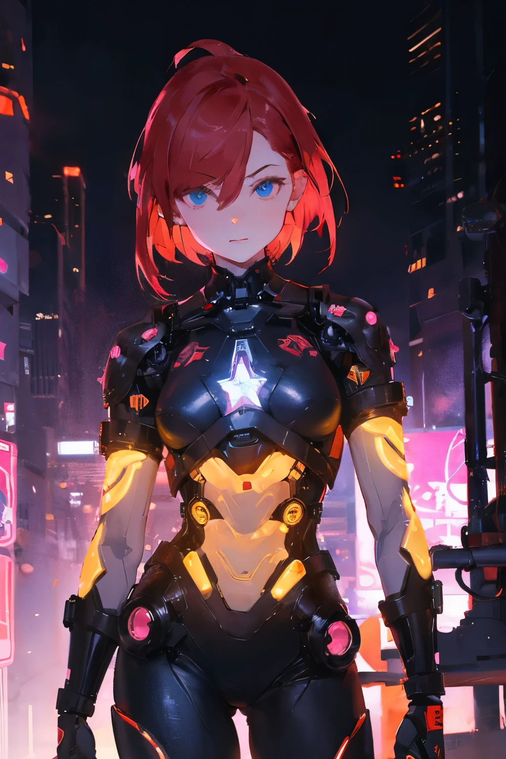 Cyborg android girl, viewer's gaze, exoskeleton gimmick, human body piping gimmick attached, pink lights lit in multiple places on body, ultra-thin resin tights, red and white medium flared hair, narrow eyes, sidelong glance, blue eyes, exposed skin, cyberpunk, exoskeleton equipment with yellow lights from chin to ears, heliport on roof of building, sliding towards the viewer, blurred background, 8K, high definition, midnight, professional lighting