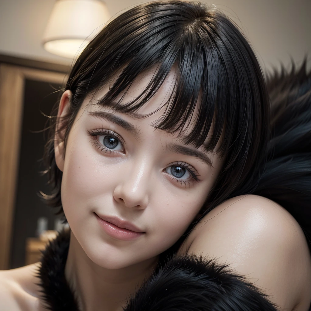 (Masterpiece:1.3), (8k, photorealistic, photo and gross, Best Quality: 1.4), people of japan, (1 girl),25 years, beautiful face, (realistic face), (black fur, short hair:1.3), beautiful hairstyle, realistic eyes, pretty eyes, pretty eyes, (realistic skin), Beautiful skin, attractive, Ultra High Definition, High Definition, close up, portrait, golden ratio, Detail Make, look at the viewer, SMILE, (shoulder look), medium chest,