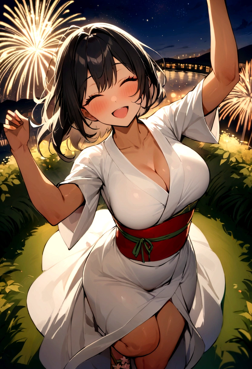 masterpiece, best quality, Summer Kimono,Tanned skin, Flowering, firework, firefly，reed bush, Smile, Dance, Night Sky, from above，Black hair，