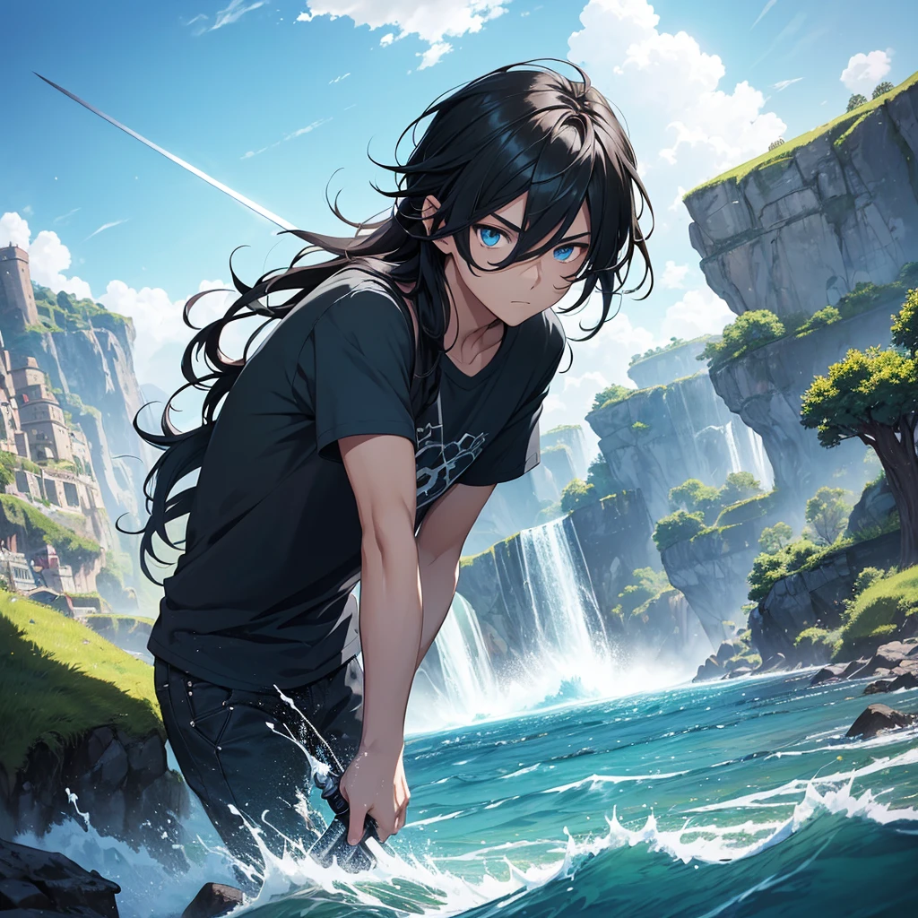 1 boy, young boy, black long hair, calm personality, cool, hair between eyes, blue eyes, sword, blue magic, water controller, blue water splash, Grey T-shirt, dramatic light, masterpiece, horizon of sky and green land, village background, a traveler, anime art