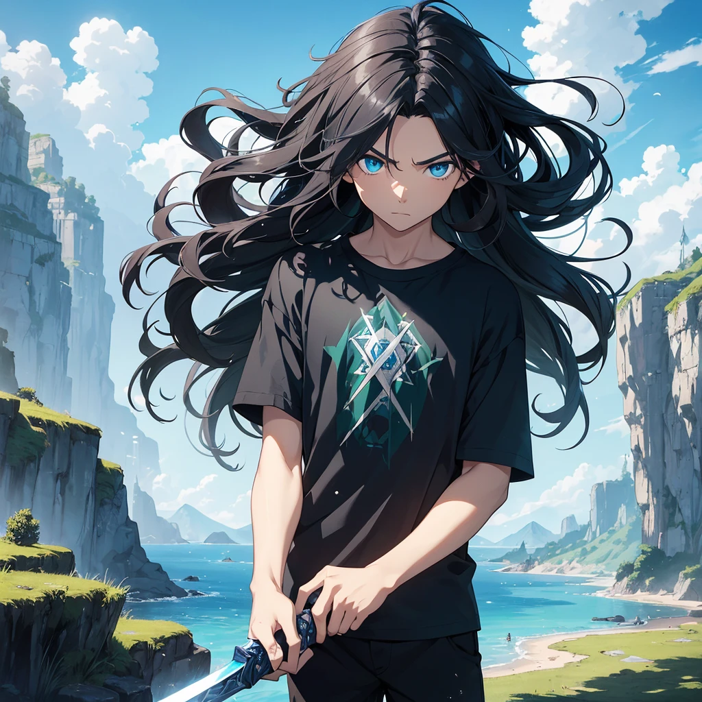 1 boy, young boy, black long hair, calm personality, cool, hair between eyes, blue eyes, sword, blue magic, water controller, blue water splash, Grey T-shirt, dramatic light, masterpiece, horizon of sky and green land, village background, a traveler, anime art
