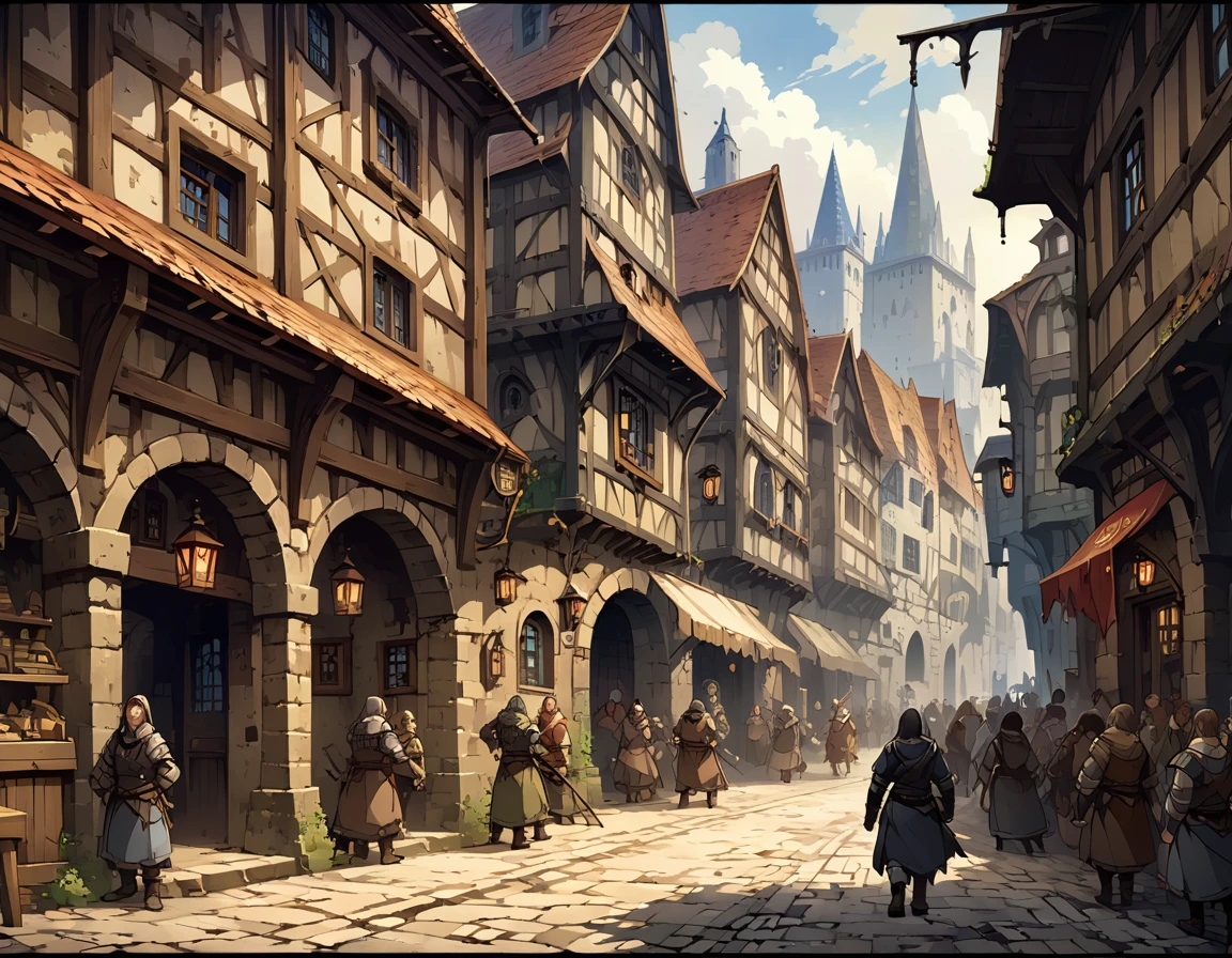Dark European medieval streets，people，。Mid-ground composition，Panorama pictures，Scene screen，Game concept art style，Anime illustration style，HD，4K。