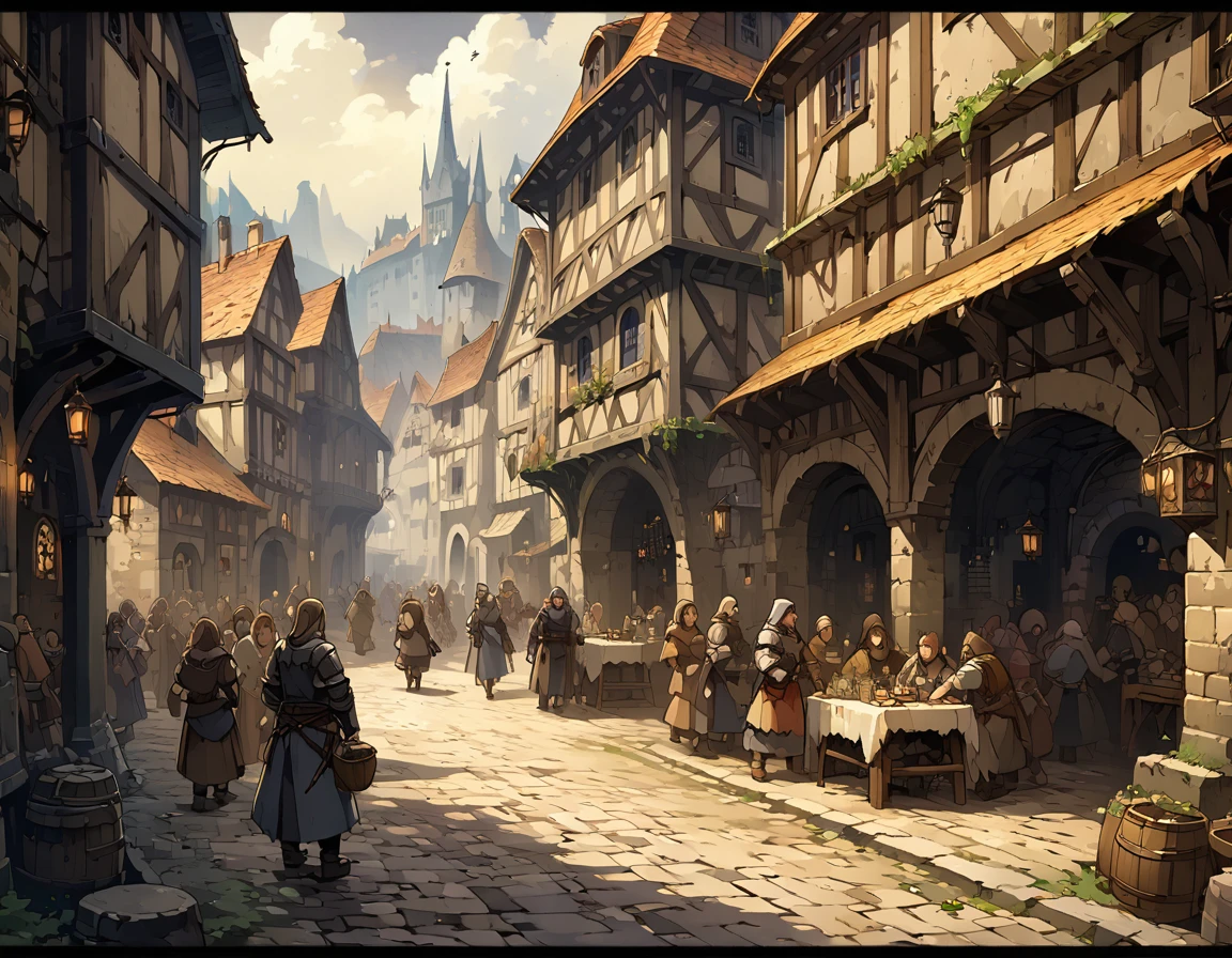 Dark European medieval streets，people，。Mid-ground composition，Panorama pictures，Scene screen，Game concept art style，Anime illustration style，HD，4K。