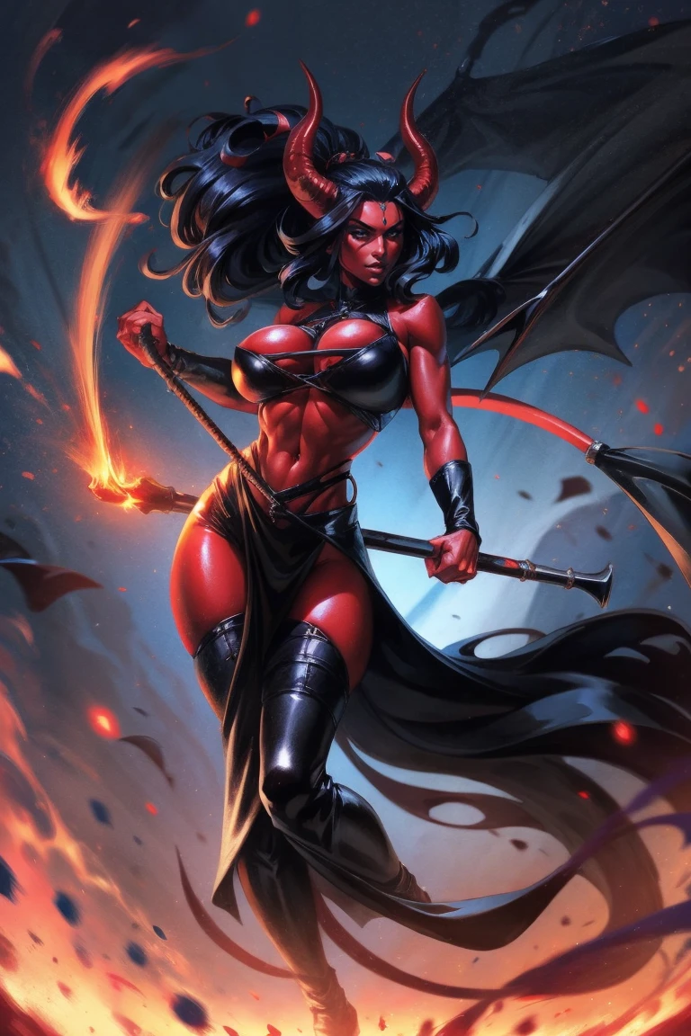 Red skin succubus tiefling, gigantic breasts, black horns, wings, huge tail, black leather, crop top, long flowing pelvic curtain, tall, toned, graceful, thin, long black ponytail. Action scene, whip. Dark scene, explosions, night sky.