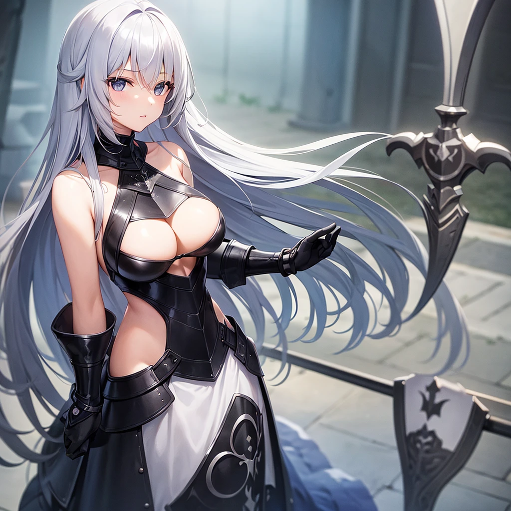 Girl with long silver hair, black eyes, very large breasts, knight armor, solo girl.