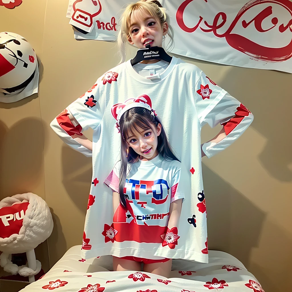 White and Bright Red, (Masterpiece 8K TopQuality:1.2) (ProfessionalPhoto:1.37) ExtremelyDetailed (((a T-shirt) with PUNIPUNI KAWAII girl Printed on it) with "SUPER BITCH" Logo ) 