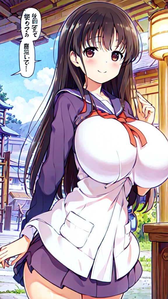 Girl in Priestess Uniform, Kasumi Iwato ,Outfit with open chest, Shoulder-exposing sleeves, Short hakama, smile, looking at viewer, (Huge Breasts:1.4), Inside Japan house, Close-up from the waist up