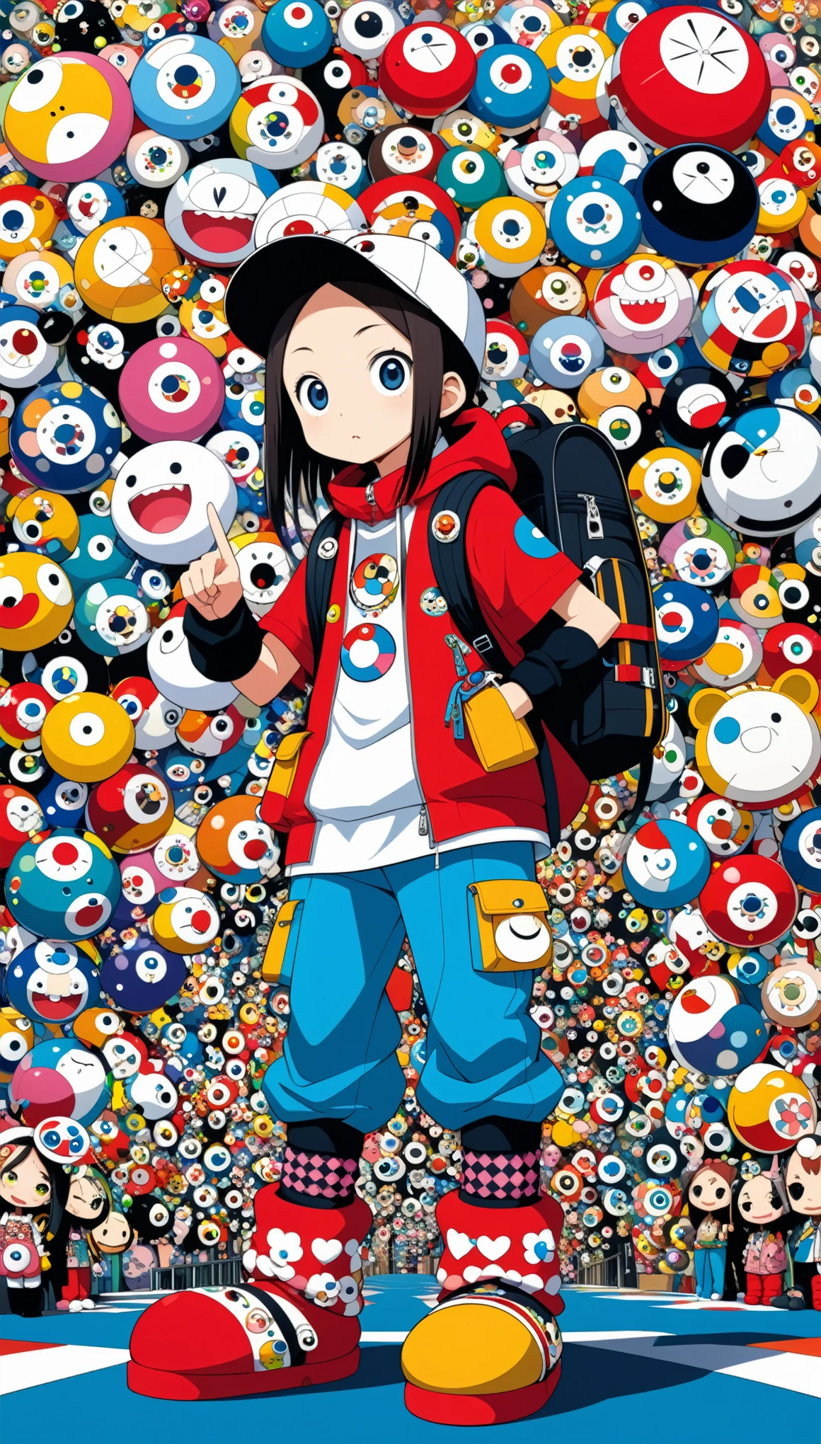 in style of Takashi Murakami, character concept design,big Travel backpack,cap,fullbdoy shot,(((oversize leg warmers))),wide angle, form below,oversize clothes,leaning forward,pointing at viewer,Sit on the high step