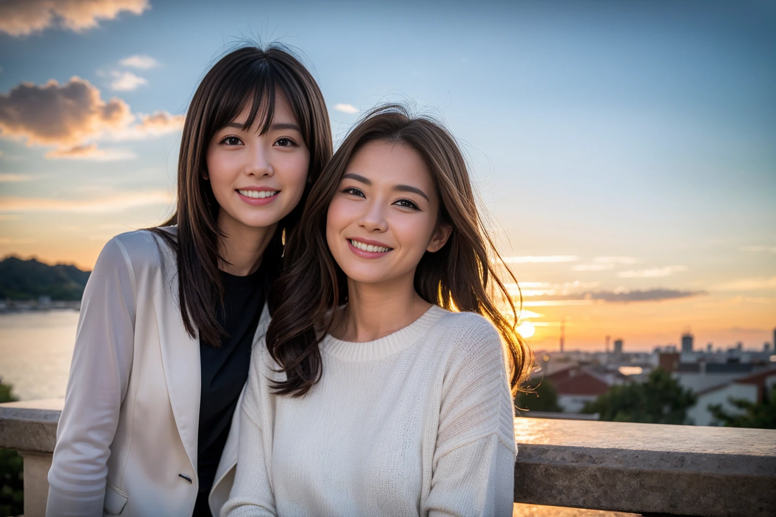 ((Highest quality、、masterpiece:1.3))、1 male、1 female、42 years old 39 years old、Slim Beauty、Beautiful couple、Upper Body、smile、 (Slim face), (the body is スリム), (Brown Hair), (Shortcuts), テーブルのフルコースディナーとwine glass、Amazing view of the sunset sky and clouds、smileの美しさ、Wine bottle、sparkling wine、Long sleeve shirt、dress、White wine, red wine, wine glass, Beautiful fine grain, Depth f/2,saturation, High Contrast, Strong light and shadow,Moist Body:1.5、3D texture、The hair is very shiny、
