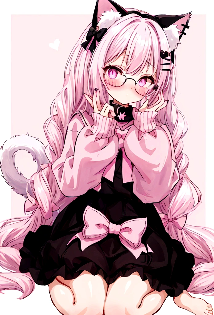 I have white pink hair, cat ears, a bow, my face is super blushing, black glasses, pink heart eyes, a big pink sweatshirt, a black skirt, black stockings, what's up, barefoot, a cat's tail, a girl Very shy