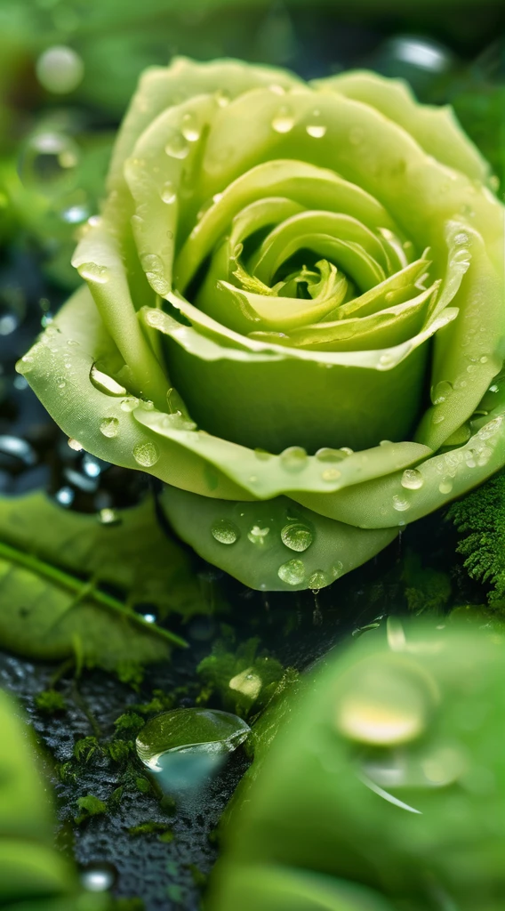 best qualtiy,Texture,Delicate and delicate,8K,Background with:Green forest after rain,The details are accompanied by a rose in a slit of mossy stone,Focus:macro,The light source:Top left,Lemon yellow rose,The petals are dotted with transparent water droplets,