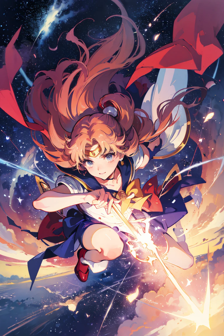 (masterpiece、Highest quality、Official Art:1.2)、Look at the viewers、(Girl))、（Sailor Moon Costume）Star Island、Star fragments scattered、（Meteors），Colorful floating starry sky、(2D:1.5)