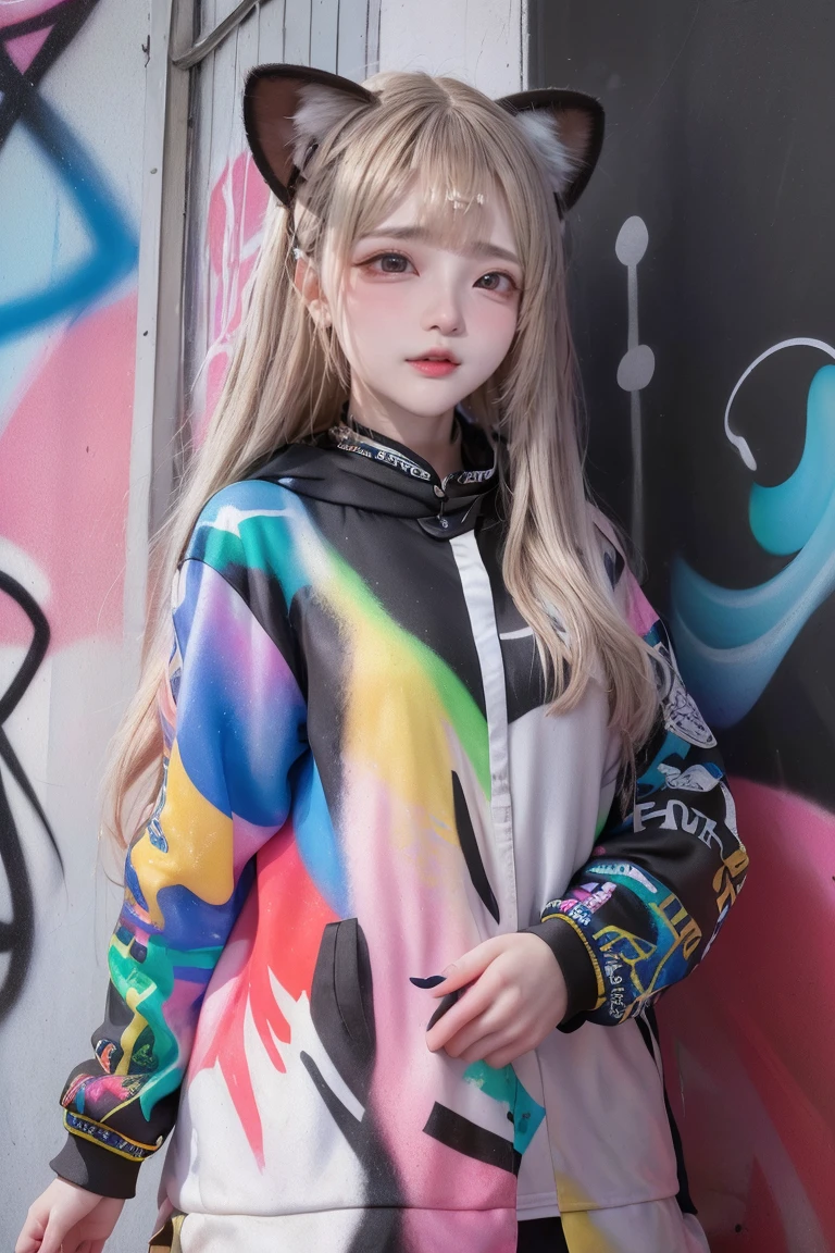 (Highest quality), masterpiece, Extremely detailed CG8K Painting, High collar, Extremely High collar saturation, All colors become darker, Painting, Graffiti art, center composition, Highly detailed lights and shadows, Graffiti wall, the walls are painted in bright colors, A girl's graffiti A girl is staring at the wall, The face and eyes are very detailed, Medium length hair, Sportswear, Multicolored clouds