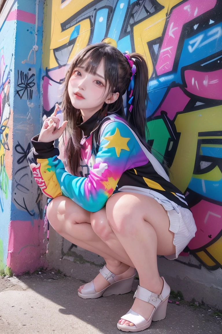 (Highest quality), masterpiece, Extremely detailed CG8K Painting, High collar, Extremely High collar saturation, All colors become darker, Painting, Graffiti art, center composition, Highly detailed lights and shadows, Graffiti wall, the walls are painted in bright colors, A girl's graffiti A girl is staring at the wall, The face and eyes are very detailed, Medium length hair, Sportswear, Multicolored clouds