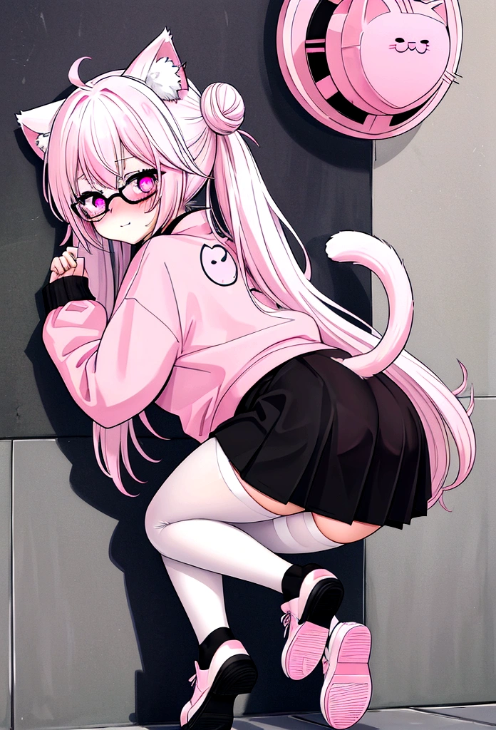 I have white pink hair, cat ears, a bun, my face is super blushing, black glasses, pink heart eyes, a big pink sweatshirt, a black skirt, black stockings, white shoes, a cat&#39;s tail, a girl. very shy that she is glued to a wall with her butt