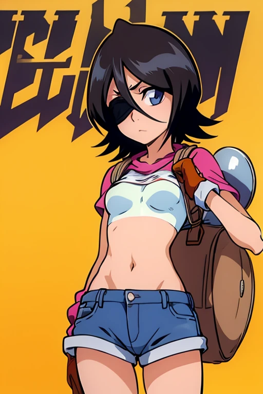 girl in booty shorts, wearing oven mittens tucked in pockets, blindfold