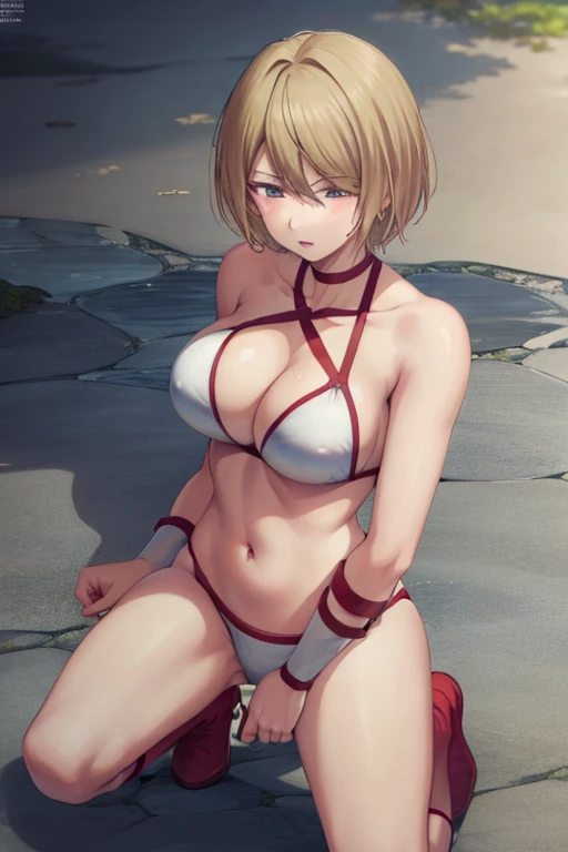 masterpiece, best quality, beautiful art, high resolution, well formed hands, body and fingers, 1 woman, solo, Hououji Akane, blonde, full body , grown up, adult, huge and round breasted, cleavage, hair ornament, wearing a Tyris Flare outfit ,  white_bikini, full body, sexy and skimpy  bikini, red boots, gorgeous  hips, legs and thighs bouncing breasts, ryona , in peril, she is being beaten up by her opponent, she is knocked down and she is slapped in the face , she is pushed against the wall,  being humiliated by her opponent, receiving the impact of her opponent's attacks, closed eyes, screaming in pain and agony, heroine in peril, ryona and perilous scene, bouncing breasts, weak and helpless, martial arts tournament on the beach 