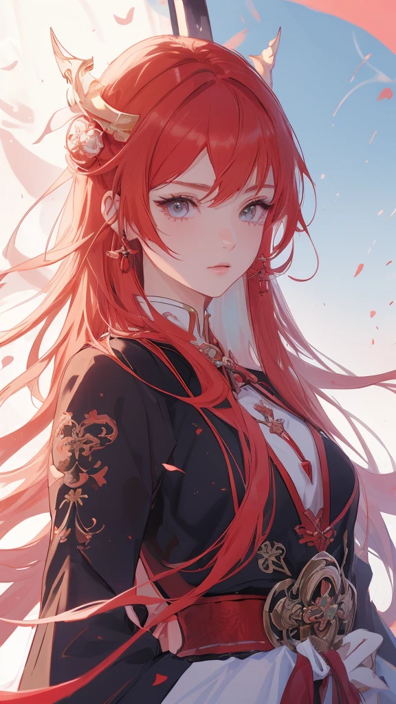 a close-up of a person with red hair and a sword, impacto de ayaka genshin, jogo ayaka impacto Genshin, keqing do impacto genshin, zhongli do impacto genshin, also, anime moe art style, genshin, cute anime waifu in a beautiful dress, female protagonist 👀 :8, demon slayer rui fanart