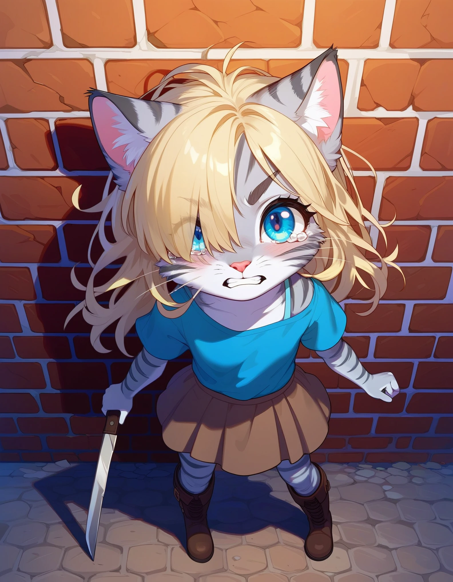 Solo, score_9,score_8_up,score_7_up, source_cartoon, kat, Anthro furry feline, female, short slender body, long blonde hair, long messy hair, hair covering one eye, pink nose, blue eyes, white whiskers, silver fur, grey stripes, furry body, short, young, about 8 years old, wearing ruffled blue blouse, brown skirt, standing, furrowed eyebrows, clenching teeth, tearing up, pov, looking up, in a destroyed village, night time, full body shot, brown boots, holding a single knife with both hands, back pressed against a broken brick wall, Birds Eye view,