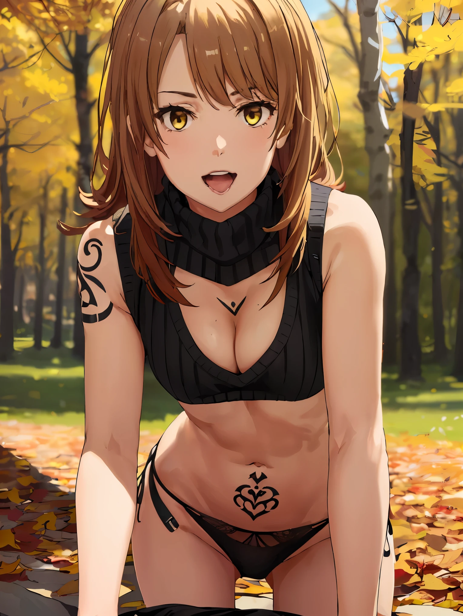 irohaisshiki, iroha isshiki, long hair, brown hair, (brown eyes:1.5), 
BREAK ((black panties:1.5),(turtleneck cropped sweater:1.1), (cleavage), navel,(chest tattoo):1.2), 
BREAK doggystyle, all fours,  sex from behind, facing viewer, tongue out, open mouth , smile ,rolling eyes,
BREAK detailed background, detailed face, (frontier western theme:1.1), autumn forest background, fallen leaves,
BREAK ((top quality, 8k, masterpiece: 1.3, ultra hd, high quality, best quality, high definition, realism)), sharp focus: 1.5, Beautiful woman with Slim body, (perfect hands, perfect anatomy),