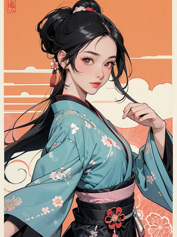 (masterpiece, Highest quality,High resolution, Official Art), (One girl), Bright and vivid color patterns in Japanese clothing、Black hair in a Japanese round topknot,Traditional Japanese patterned fabric, (Dynamic movements),(Shiny skin),  ( Ukiyo-e background,moon,flower,cloud )