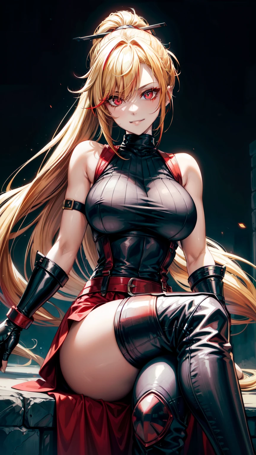 she is back, insane smile,(masterpiece, best quality:1.2)blonde, , red glowing eyes, red eyes, the eyes are red, perfect face, strong make up, sherp eyes, highres, 1 girl, ultra long ponytail, (female:1.5),red longskirt, strife, blonde and red hair streaked with lots of red highlights, two colors hair (blond and red), hight flame mistress outfit, shoulder armor, sleeveless turtleneck, suspenders, belt, gloves, bracer pre potent smile, crossing legs, crossing arms , evil smile, evil pose, sitting, portrait, looking at viewer, Her hair is streaked with lots red and blonde highlights, moon tribal tattoo.