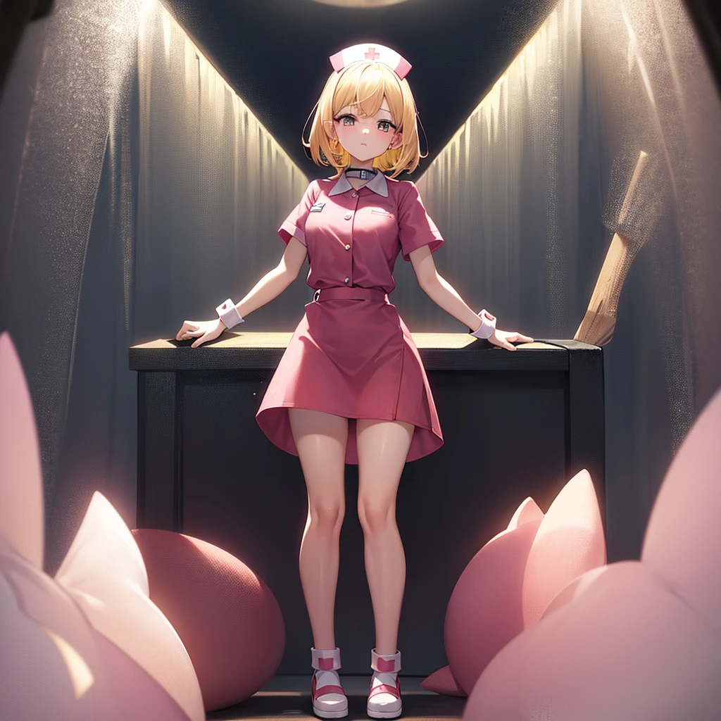 ((nurse)),Pink clothes,Cute little ,Tiny ,Small girl,,Childish face, Very fine clean face,Top quality,Straight Hair,Yellow hair,(Dark Room), Subtle light, Natural light,Soft lighting,Light from directly behind,(Open your hands), (Are standing),Front view,Black background