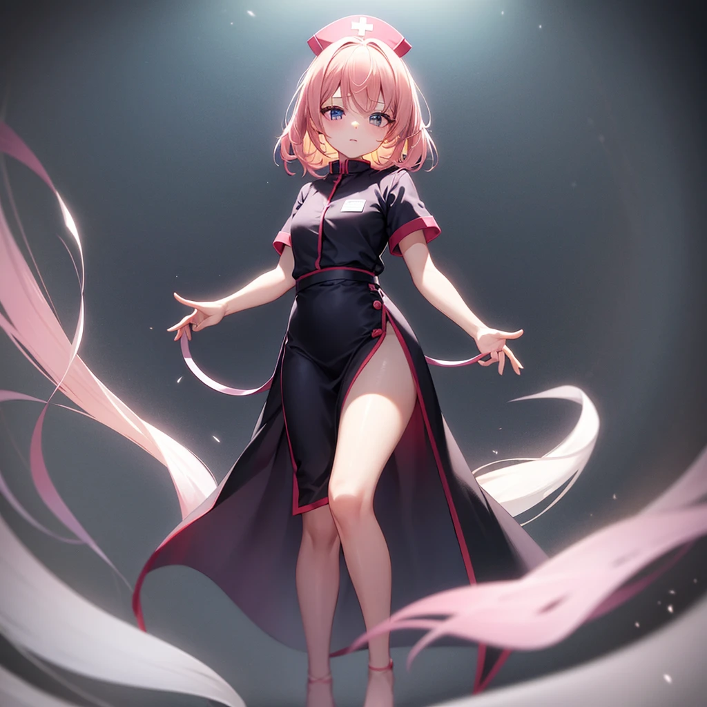 ((nurse)),Pink clothes,Cute little ,Tiny ,Small girl,,Childish face, Very fine clean face,Top quality,Straight Hair,Yellow hair,(Dark Room), Subtle light, Natural light,Soft lighting,Light from directly behind,(Open your hands), (Are standing),Front view,Black background