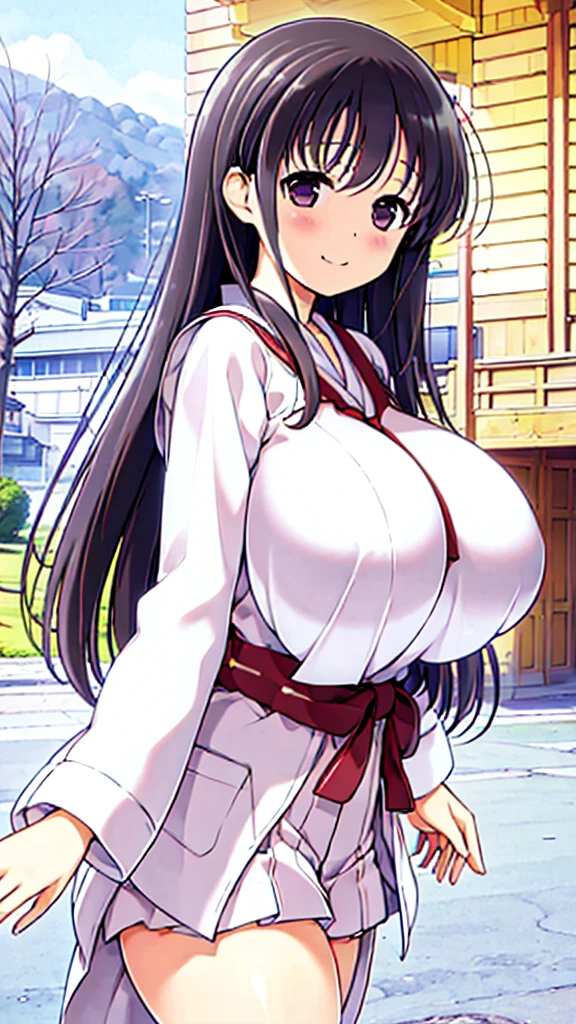 Girl in Priestess Uniform, Kasumi Iwato ,Outfit with open chest, Shoulder-exposing sleeves, Short hakama, smile, looking at viewer, (Huge Breasts:1.4), Inside Japan house, Close-up from the waist up