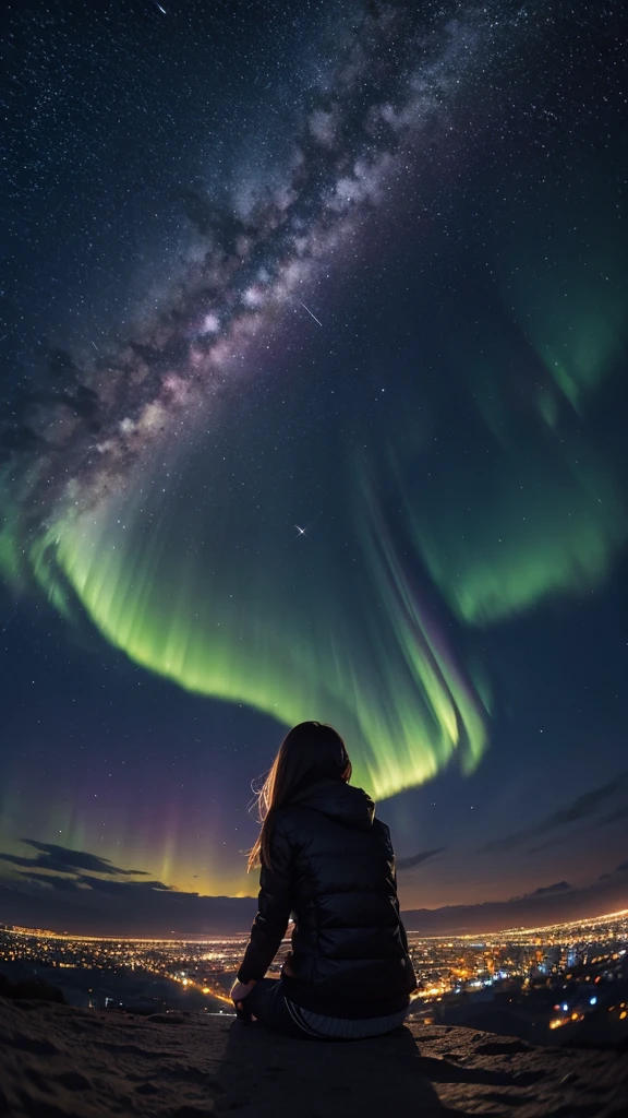 Masterpiece, best quality, 1girl, octane rendering, the girl is far from viewer:2, vivid color, crisp picture, fisheye lense:0.6, at night, sitting and staring at the sky, from behind, luminous sky, glowing city, cityscape, bright city lights, full of stars, shooting stars, milky way, colorful aurora borealis, silhouette
