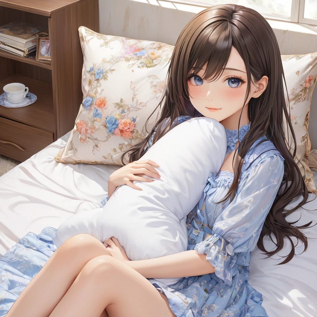 (masterpiece, Highest quality:1.2), One girl, alone,bony body、、(masterpiece, Highest quality:1.2), One girl, alone,bony body、15 years oldw hug dakimakura (object) , master piece , best quality , detailed , (matured female) , blouse  , room , indoor