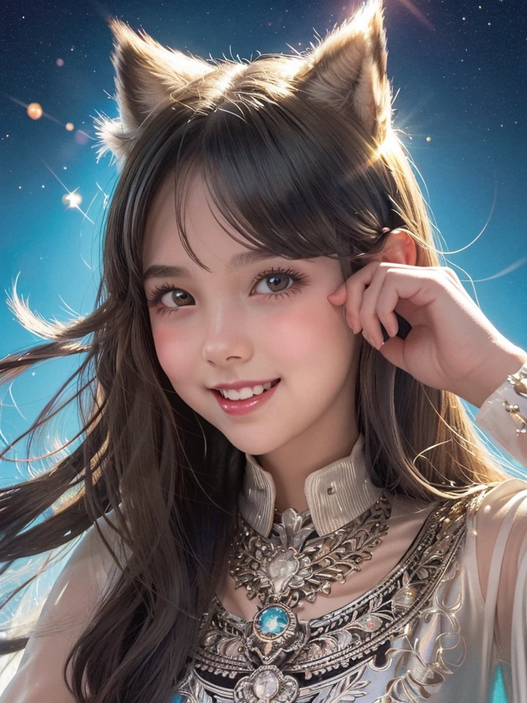 A girl with rosy cheeks and a wide grin, popping a shimmering round candy ball into her mouth. The candy is balanced between her fingers, just removed from a vintage silver jewelry box with filigree details, girl's comic style illustration
