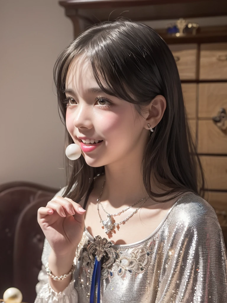 A girl with rosy cheeks and a wide grin, popping a shimmering round candy ball into her mouth. The candy is balanced between her fingers, just removed from a vintage silver jewelry box with filigree details, girl's comic style illustration