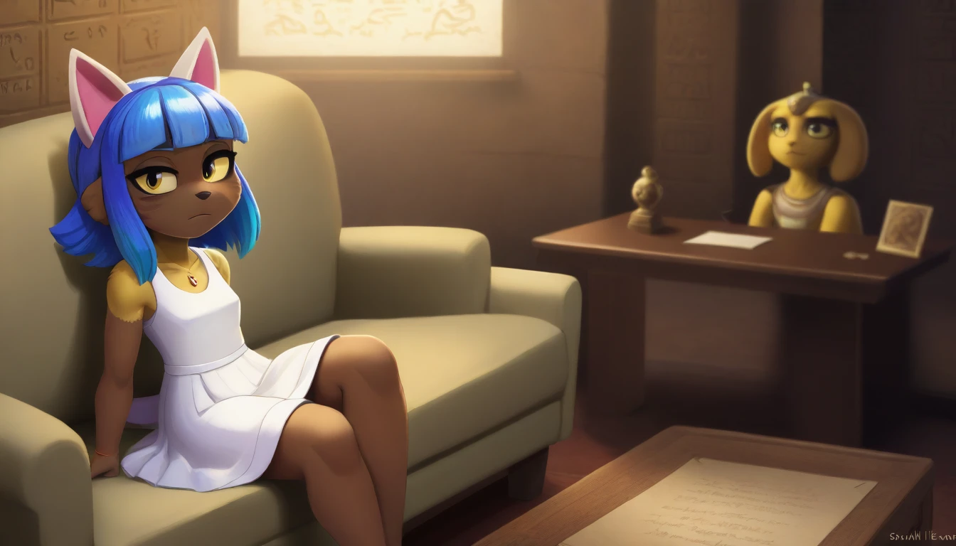 Eye, Animal Crossing Muscle, hairy, Blue Hair, Hair accessories, Yellow skin, 黑Eye, White Dress, Tail, Looking at the audience, Serious, Cross your legs, from_below, His sofa, Inside the living room, Hieroglyphics, high quality, masterpiece, 1 Girl，Cat ears，Dark skin tone，clothing，earrings，Jackal ears，Jewelry，Long hair, White Dress, Sit at your desk, She wrote a heartfelt letter, Her expression is both nostalgic and wistful, Dramatic Lighting, Detailed background, masterpiece, best quality, high quality, absurd, The award-winning, professional, Very detailed