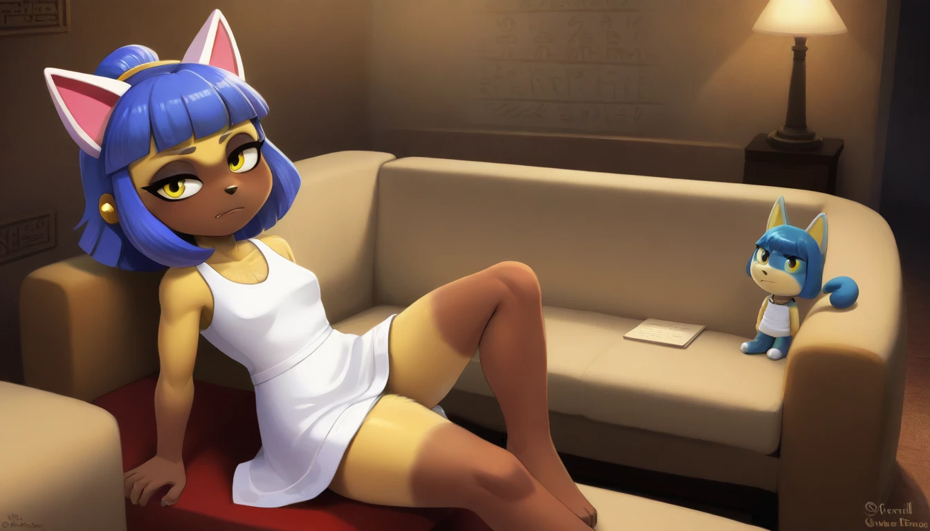 Eye, Animal Crossing Muscle, hairy, Blue Hair, Hair accessories, Yellow skin, 黑Eye, White Dress, Tail, Looking at the audience, Serious, Cross your legs, from_below, His sofa, Inside the living room, Hieroglyphics, high quality, masterpiece, 1 Girl，Cat ears，Dark skin tone，clothing，earrings，Jackal ears，Jewelry，Long hair, White Dress, Sit at your desk, She wrote a heartfelt letter, Her expression is both nostalgic and wistful, Dramatic Lighting, Detailed background, masterpiece, best quality, high quality, absurd, The award-winning, professional, Very detailed