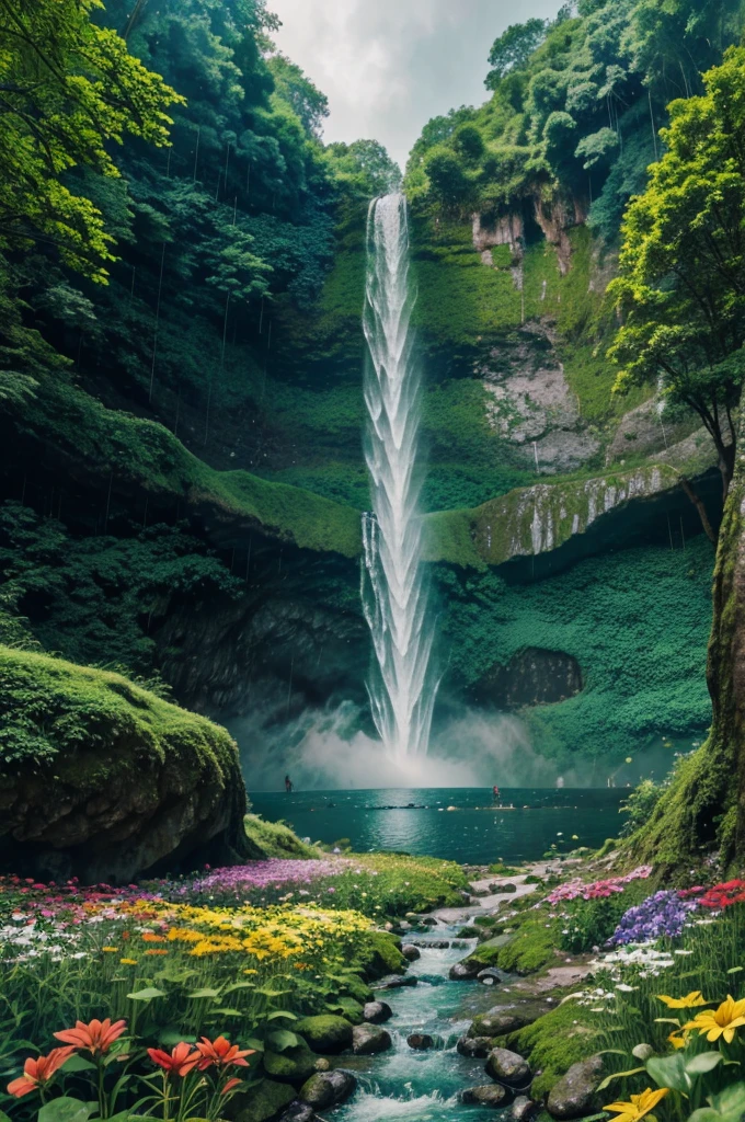 There is a completely green forest and a big waterfall and it is raining heavily and there are colourful flowers and a colourful rainbow in 4K ultra realtics 