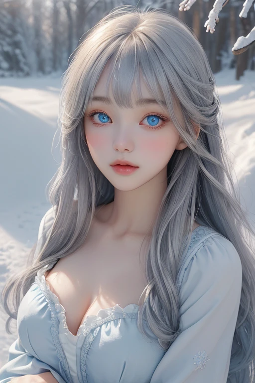 Bright expression、photography realism、best quality、Ultra-high resolution、picture、Very beautiful Nordic girl photos、Lovely and beautiful facial details、Beautiful Bangs、Alice in Wonderland、20 years old、Fair and shiny skin、露出脸部的Bangs、Bangs 、Hair between the eyes、Extra long hair、Charming Bright Natural Silver Extra Long Straight Fine Hair、Make hair smoother、Bright light blue big eyes are bright, beautiful and charming、open chest、Winter clothes、Eyeliner、Double eyelids、Large breasts