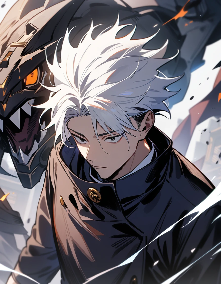 (1boy,jujutsu kaisen) solo, robot, white hair, (layered cut), black bright eyes, masterpiece, best quality, high quality, upper body, male focus,